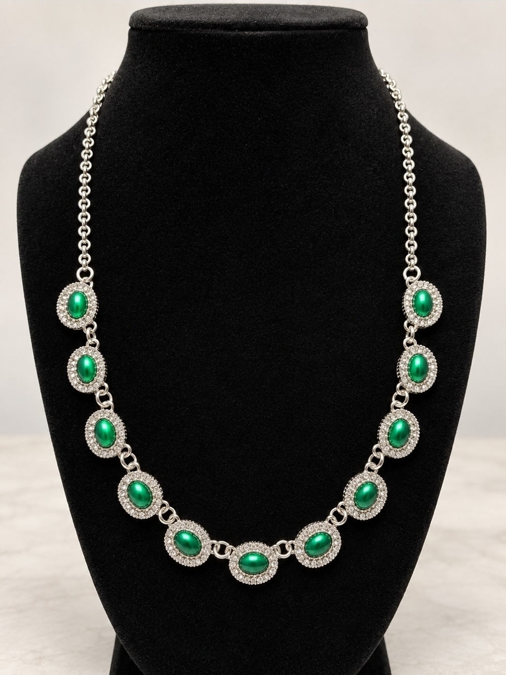 Green Oval Crystal Station Necklace - Women Jewelry